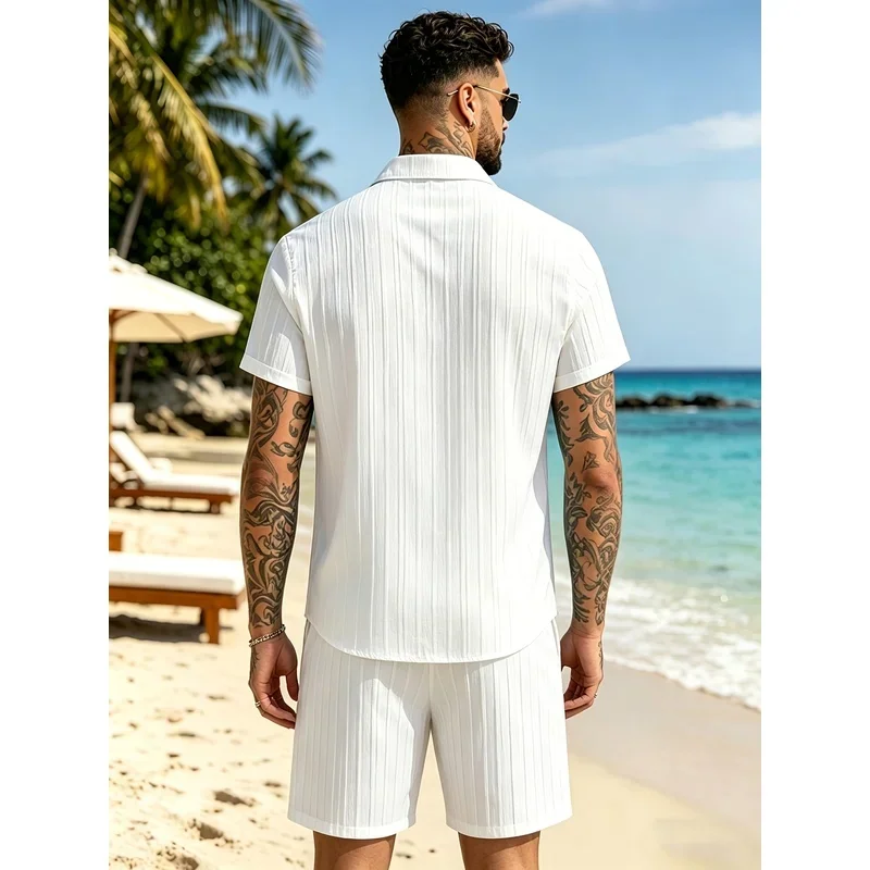 2Men's Summer Casual Suit Set，Cuban collar shirt+Loose-fitting shorts，Comfortable and light beach vacation、Daily clothing、Street