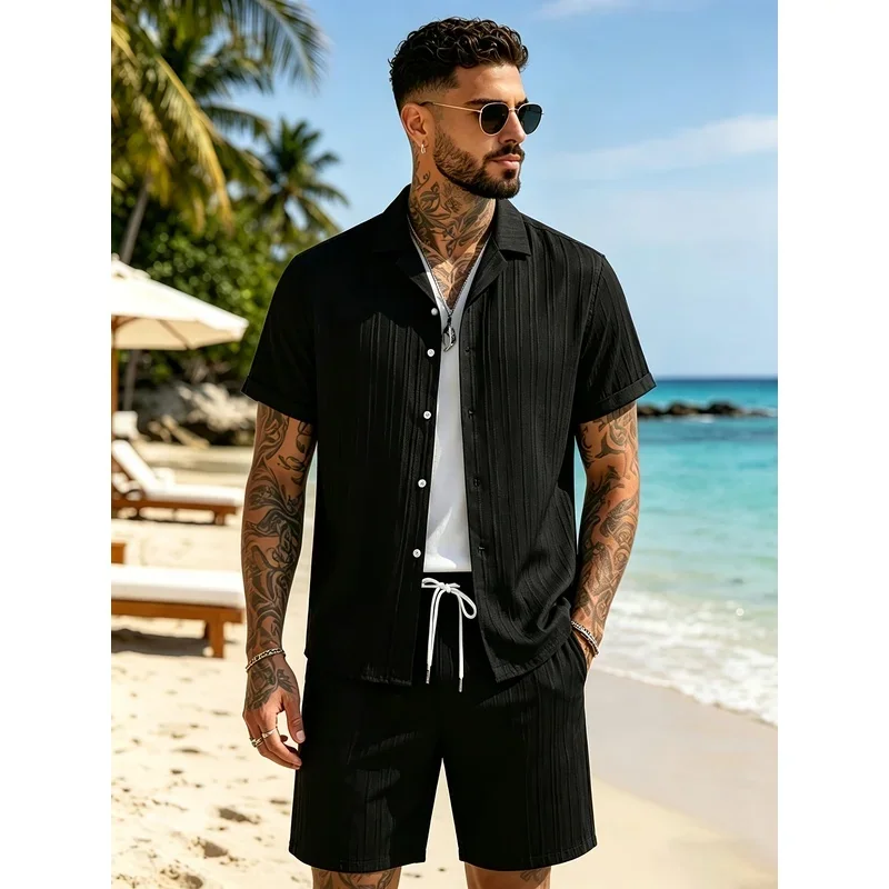 2Men's Summer Casual Suit Set，Cuban collar shirt+Loose-fitting shorts，Comfortable and light beach vacation、Daily clothing、Street