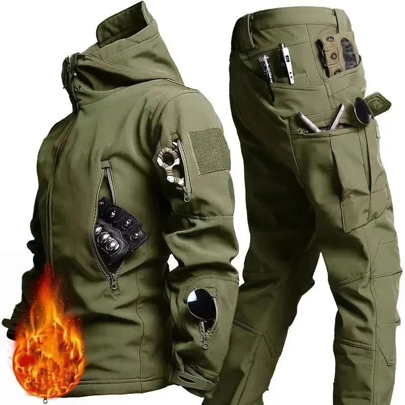 Shark Skin Soft Shell Assault Suit for Men Winter with Fleece Insulation Hiking Suit Waterproof and Windproof Skiing And