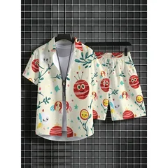 Men's Summer Short Sleeve Shirt Shorts Set Lightweight Polyester Ladybug Print Beachwear Breathable Casual Outdoor Wear