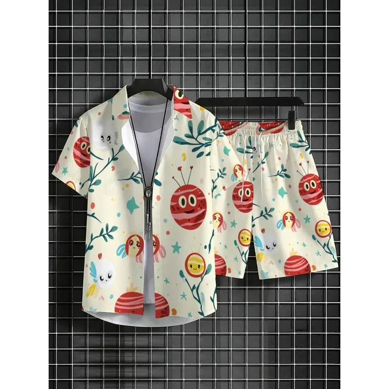 Men's Summer Short Sleeve Shirt Shorts Set Lightweight Polyester Ladybug Print Beachwear Breathable Casual Outdoor Wear