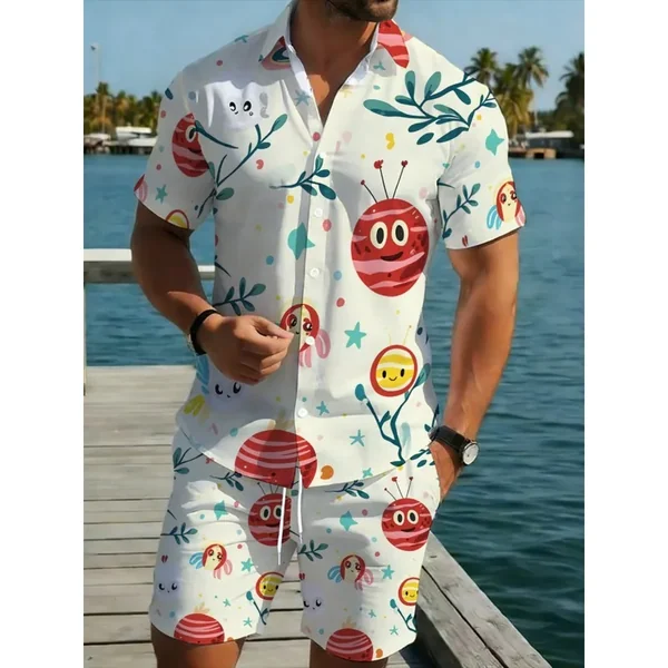 Men's Summer Short Sleeve Shirt Shorts Set Lightweight Polyester Ladybug Print Beachwear Breathable Casual Outdoor Wear