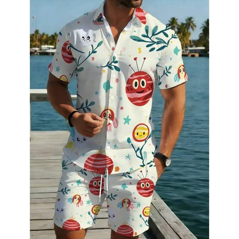 Men's Summer Short Sleeve Shirt Shorts Set Lightweight Polyester Ladybug Print Beachwear Breathable Casual Outdoor Wear