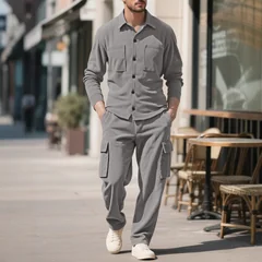 Men's Tracksuit Corduroy Workwear 2 Piece Set Loose Fit Lapel Collar Long Sleeve Button Down Casual Sports Outfit for Daily Wear