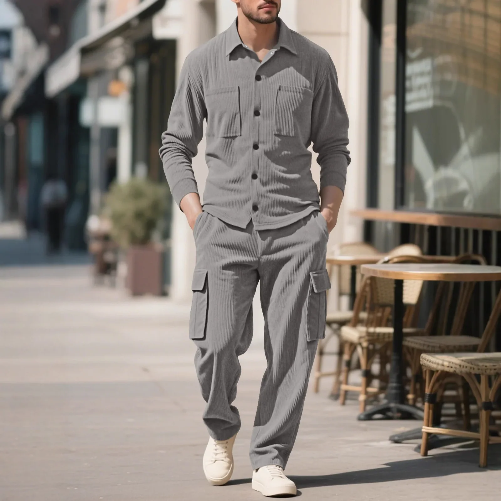 Men's Tracksuit Corduroy Workwear 2 Piece Set Loose Fit Lapel Collar Long Sleeve Button Down Casual Sports Outfit for Daily Wear