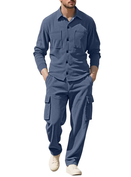 Men's Tracksuit Corduroy Workwear 2 Piece Set Loose Fit Lapel Collar Long Sleeve Button Down Casual Sports Outfit for Daily Wear