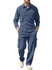 Men's Tracksuit Corduroy Workwear 2 Piece Set Loose Fit Lapel Collar Long Sleeve Button Down Casual Sports Outfit for Daily Wear
