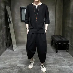 Summer Men's Linen 7/8 Sleeve T-Shirt Two-Piece Set Cotton-Linen Casual Sportswear Trendy Brand Youth Nine-Piece Pants