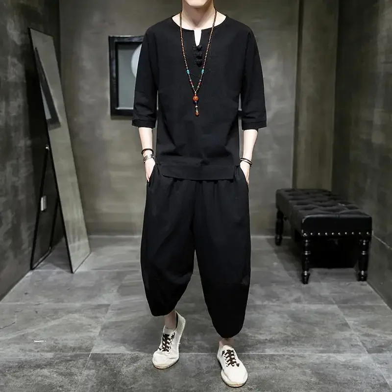 Summer Men's Linen 7/8 Sleeve T-Shirt Two-Piece Set Cotton-Linen Casual Sportswear Trendy Brand Youth Nine-Piece Pants