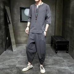 Summer Men's Linen 7/8 Sleeve T-Shirt Two-Piece Set Cotton-Linen Casual Sportswear Trendy Brand Youth Nine-Piece Pants