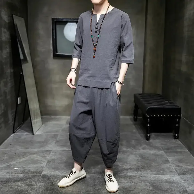 Summer Men's Linen 7/8 Sleeve T-Shirt Two-Piece Set Cotton-Linen Casual Sportswear Trendy Brand Youth Nine-Piece Pants