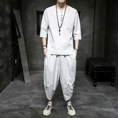 Summer Men's Linen 7/8 Sleeve T-Shirt Two-Piece Set Cotton-Linen Casual Sportswear Trendy Brand Youth Nine-Piece Pants