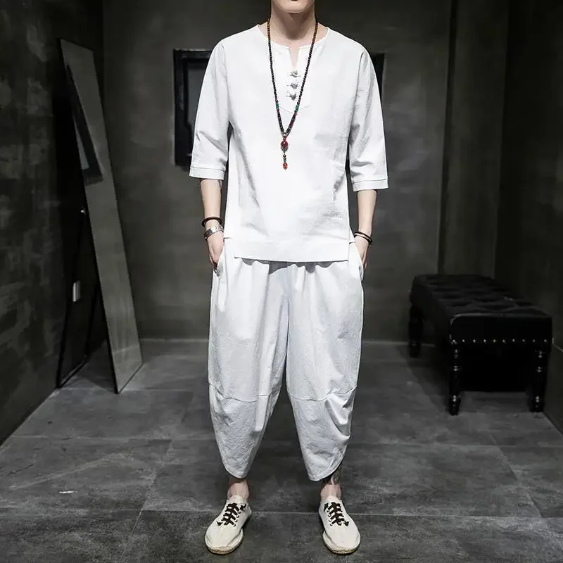 Summer Men's Linen 7/8 Sleeve T-Shirt Two-Piece Set Cotton-Linen Casual Sportswear Trendy Brand Youth Nine-Piece Pants
