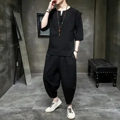 Summer Men's Linen 7/8 Sleeve T-Shirt Two-Piece Set Cotton-Linen Casual Sportswear Trendy Brand Youth Nine-Piece Pants