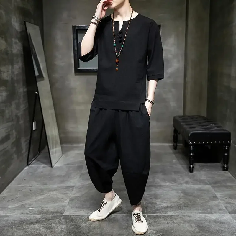 Summer Men's Linen 7/8 Sleeve T-Shirt Two-Piece Set Cotton-Linen Casual Sportswear Trendy Brand Youth Nine-Piece Pants