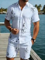 Summer Male Oriental Landscape Pattern Set Short Sleeve Button Shirt Drawstring Shorts Beach Vacation Outfit