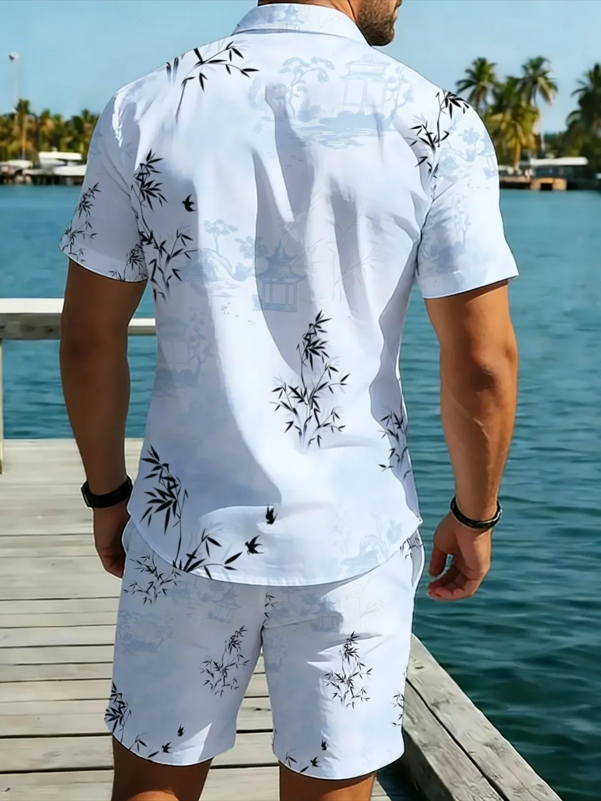 Summer Male Oriental Landscape Pattern Set Short Sleeve Button Shirt Drawstring Shorts Beach Vacation Outfit