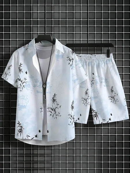 Summer Male Oriental Landscape Pattern Set Short Sleeve Button Shirt Drawstring Shorts Beach Vacation Outfit