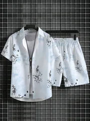 Summer Male Oriental Landscape Pattern Set Short Sleeve Button Shirt Drawstring Shorts Beach Vacation Outfit