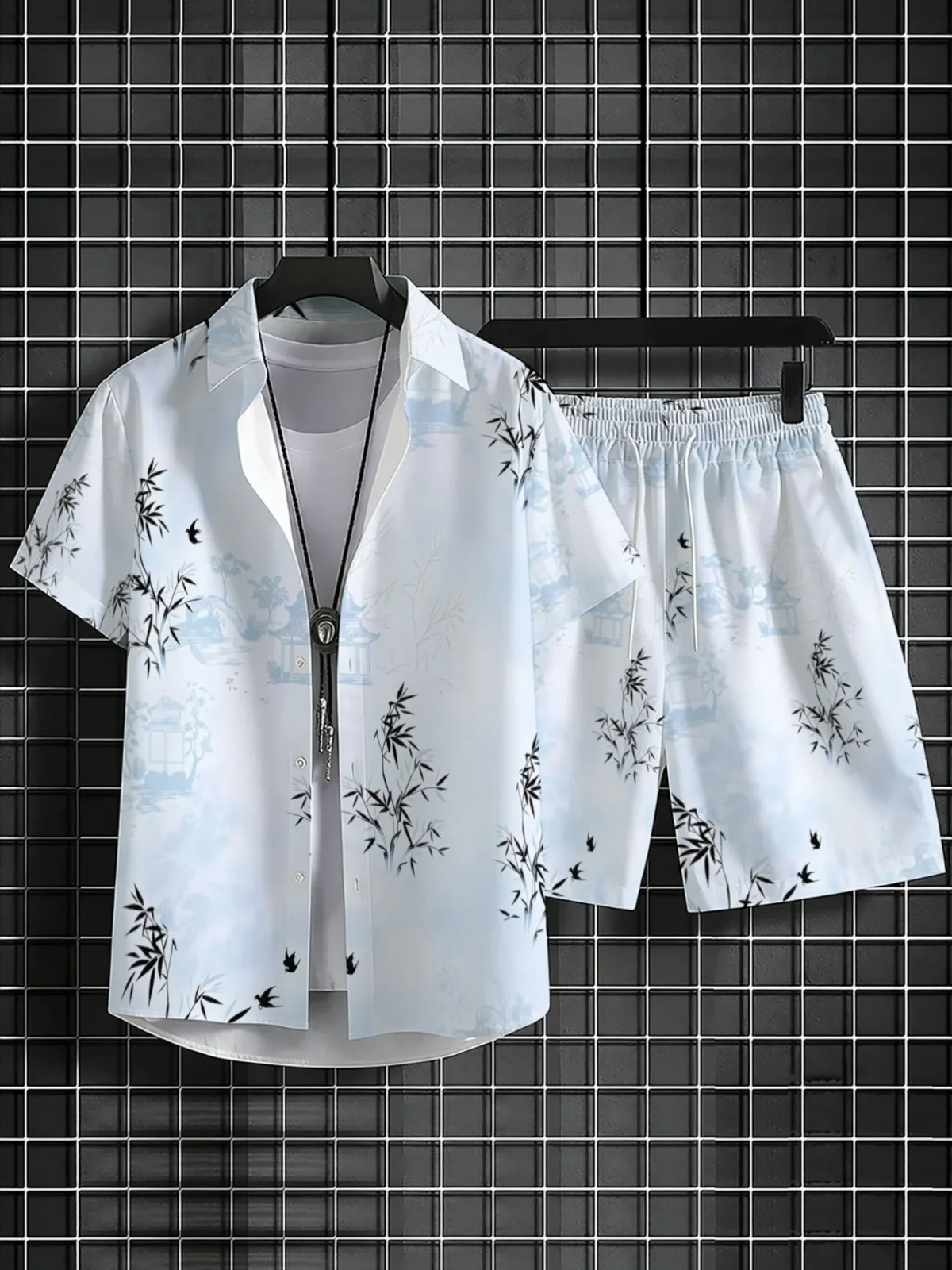 Summer Male Oriental Landscape Pattern Set Short Sleeve Button Shirt Drawstring Shorts Beach Vacation Outfit