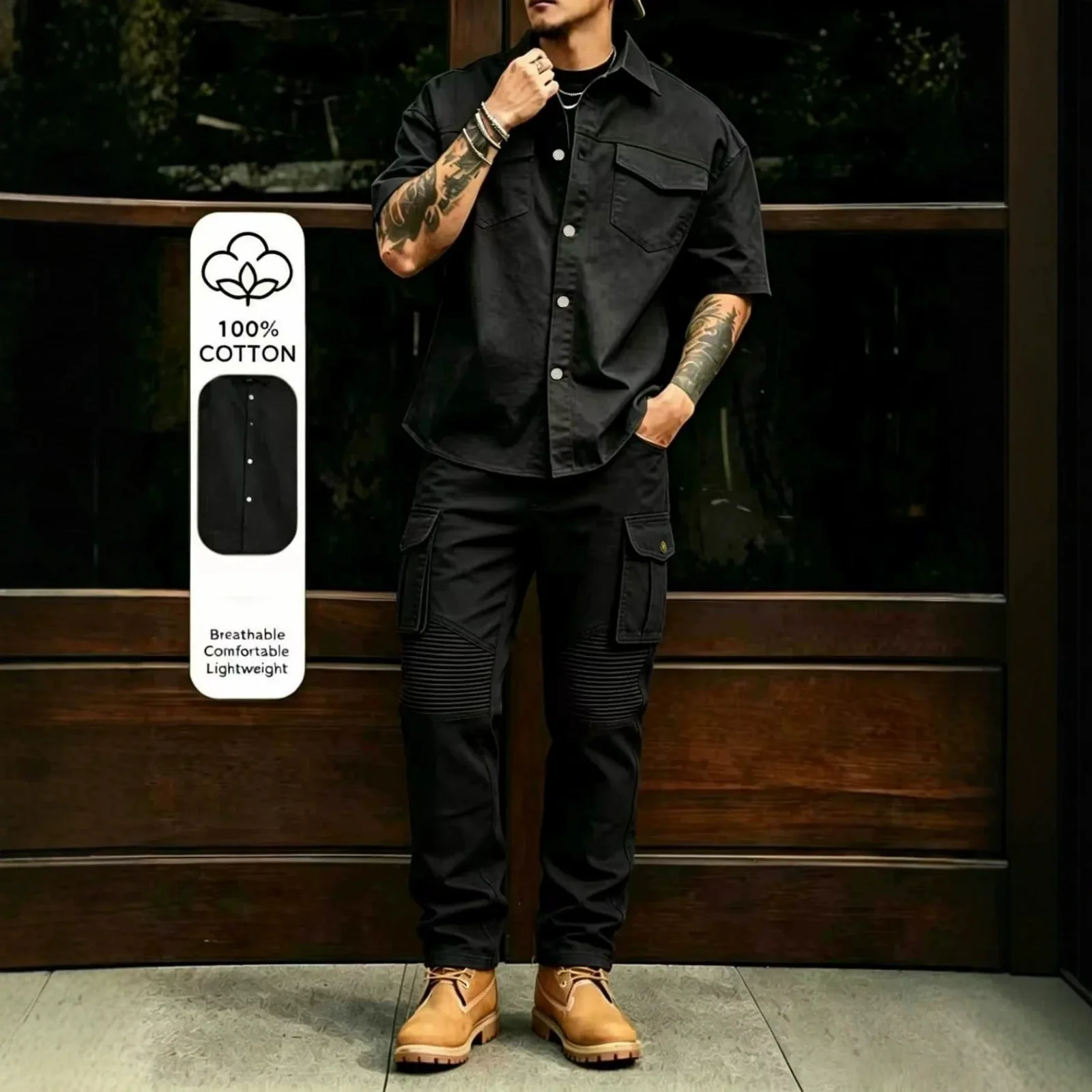 New Men's Casual Workwear 100% Cotton Multi-Pocket Short-Sleeved Shirt and Pants Set - H0448