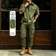 New Men's Casual Workwear 100% Cotton Multi-Pocket Short-Sleeved Shirt and Pants Set - H0448