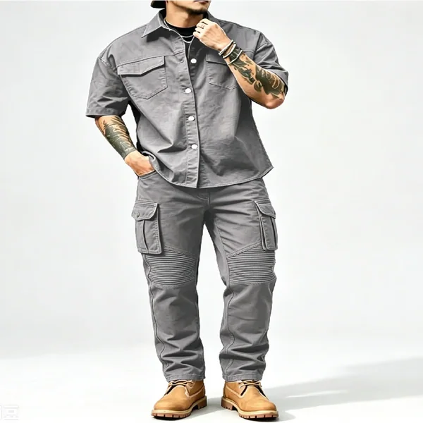 New Men's Casual Workwear 100% Cotton Multi-Pocket Short-Sleeved Shirt and Pants Set - H0448