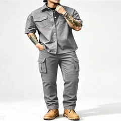 New Men's Casual Workwear 100% Cotton Multi-Pocket Short-Sleeved Shirt and Pants Set - H0448
