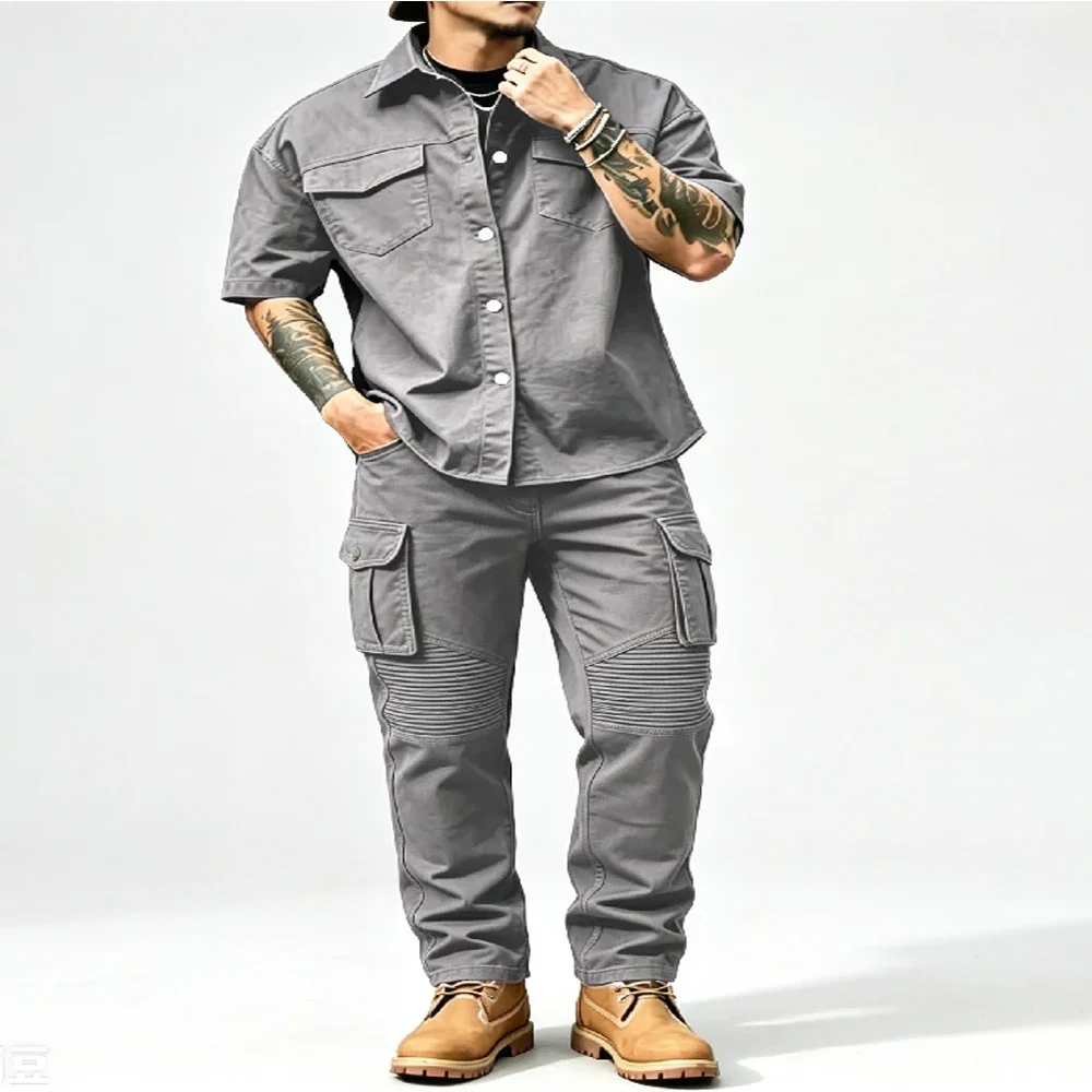 New Men's Casual Workwear 100% Cotton Multi-Pocket Short-Sleeved Shirt and Pants Set - H0448