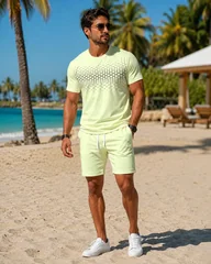 2026 Men T-shirt Coconut Tree Gradient Soft Breathable Round Neck T-shirt and Shorts Set Outdoor Urban Leisure Two Piece Set