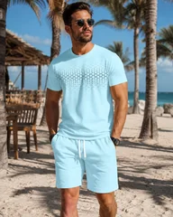 2026 Men T-shirt Coconut Tree Gradient Soft Breathable Round Neck T-shirt and Shorts Set Outdoor Urban Leisure Two Piece Set