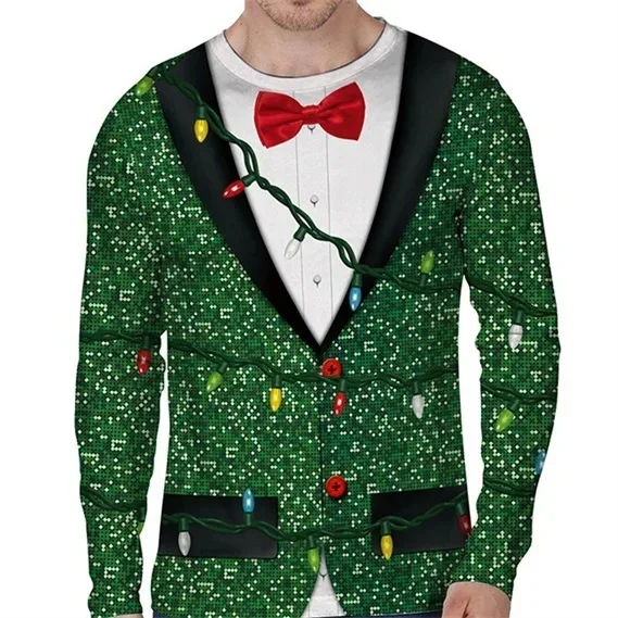 2026 Autumn/Winter Christmas 3D Printed Fake Muscle Suit Pattern T-shirt Funny Men's Long Sleeve Fashion Top Christmas Party
