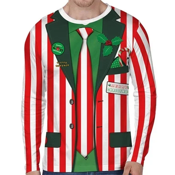 2026 Autumn/Winter Christmas 3D Printed Fake Muscle Suit Pattern T-shirt Funny Men's Long Sleeve Fashion Top Christmas Party