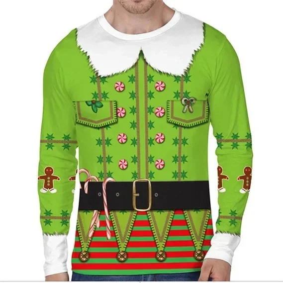 2026 Autumn/Winter Christmas 3D Printed Fake Muscle Suit Pattern T-shirt Funny Men's Long Sleeve Fashion Top Christmas Party