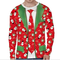 2026 Autumn/Winter Christmas 3D Printed Fake Muscle Suit Pattern T-shirt Funny Men's Long Sleeve Fashion Top Christmas Party