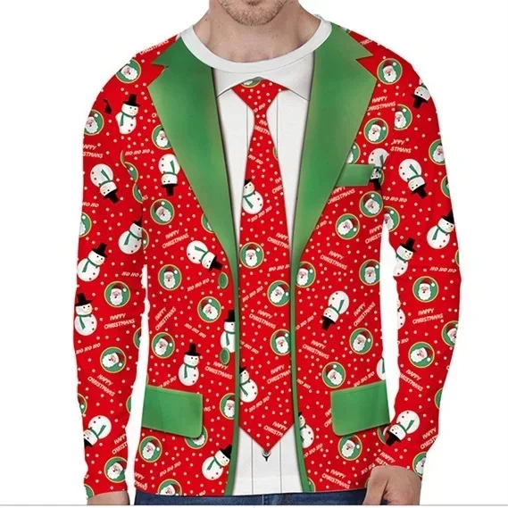 2026 Autumn/Winter Christmas 3D Printed Fake Muscle Suit Pattern T-shirt Funny Men's Long Sleeve Fashion Top Christmas Party