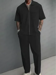 Men 2 Piece Outfits Half Zip Polo Short Sleeve Shirt Straight Leg Pants Set Casual Solid Color Knit Tracksuit Streetwear Suit