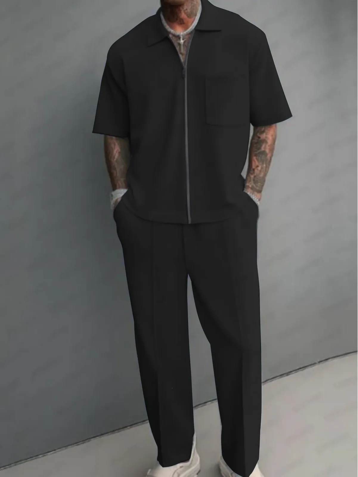 Men 2 Piece Outfits Half Zip Polo Short Sleeve Shirt Straight Leg Pants Set Casual Solid Color Knit Tracksuit Streetwear Suit