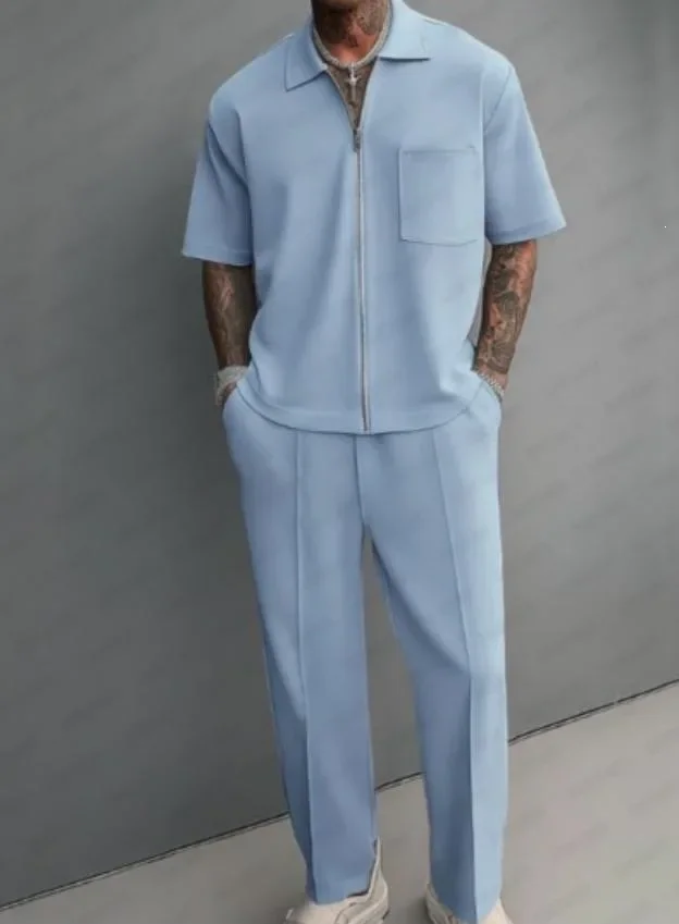 Men 2 Piece Outfits Half Zip Polo Short Sleeve Shirt Straight Leg Pants Set Casual Solid Color Knit Tracksuit Streetwear Suit