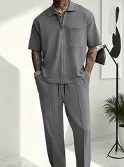 Men 2 Piece Outfits Half Zip Polo Short Sleeve Shirt Straight Leg Pants Set Casual Solid Color Knit Tracksuit Streetwear Suit