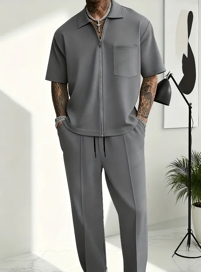 Men 2 Piece Outfits Half Zip Polo Short Sleeve Shirt Straight Leg Pants Set Casual Solid Color Knit Tracksuit Streetwear Suit