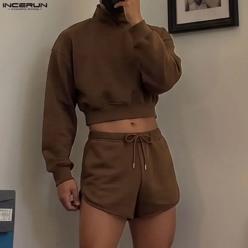 Men Sets Solid Color Turtleneck Long Sleeve Crop Hoodies Shorts Two Piece Sets Men Matching Sets Tracksuits INCERUN Streetwear
