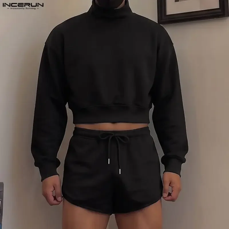 Men Sets Solid Color Turtleneck Long Sleeve Crop Hoodies Shorts Two Piece Sets Men Matching Sets Tracksuits INCERUN Streetwear