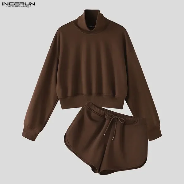 Men Sets Solid Color Turtleneck Long Sleeve Crop Hoodies Shorts Two Piece Sets Men Matching Sets Tracksuits INCERUN Streetwear