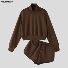 Men Sets Solid Color Turtleneck Long Sleeve Crop Hoodies Shorts Two Piece Sets Men Matching Sets Tracksuits INCERUN Streetwear