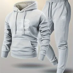 Autumn Winter Men's Casual Warm Outfit Printed Hooded Sweatshirt + Long Pants 2 Piece Set Comfortable Sportswear