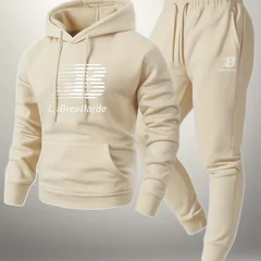 Autumn Winter Men's Casual Warm Outfit Printed Hooded Sweatshirt + Long Pants 2 Piece Set Comfortable Sportswear