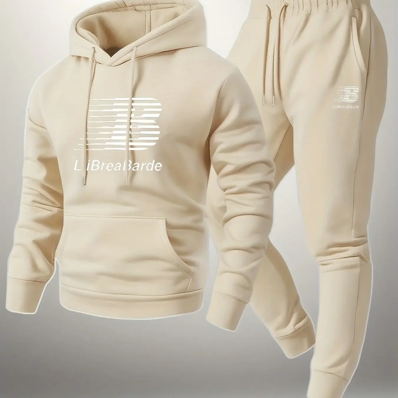 Autumn Winter Men's Casual Warm Outfit Printed Hooded Sweatshirt + Long Pants 2 Piece Set Comfortable Sportswear