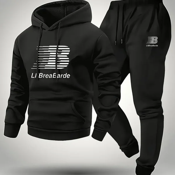 Autumn Winter Men's Casual Warm Outfit Printed Hooded Sweatshirt + Long Pants 2 Piece Set Comfortable Sportswear