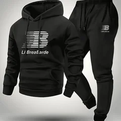 Autumn Winter Men's Casual Warm Outfit Printed Hooded Sweatshirt + Long Pants 2 Piece Set Comfortable Sportswear